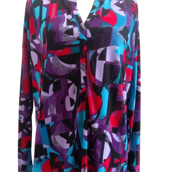 DANA BUCHMAN XL Split neck/Sleek style Long sleeve Abstract/Multi color blouse - Picture 3 of 4